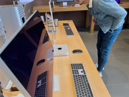 Apple SE 3 smartphone, iPad Air 5 tablet, Mac Studio M1 Ultra, and new Studio Display during the...