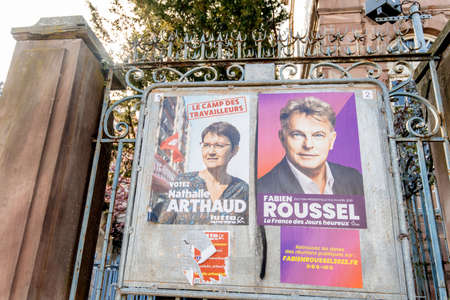 presidential election in France, in front of the City Hall building in Strasbourg featuring Nathalie Arthaud and Fabien Rousselのeditorial素材