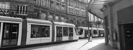 Early morning with two tramways electric cars driving on the city street near gallerie lafayette iconic department store buildingのeditorial素材