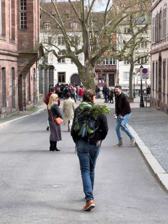 Rear view of man with green leaves in the backpack walking in city sightseeing the calm tiny streets of Strasbourgのeditorial素材