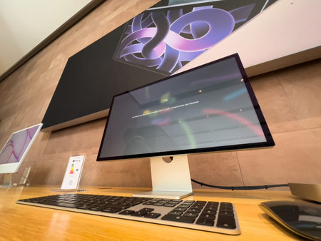 Low angle view of monitor display with message Installation of the demonstration demo software on...