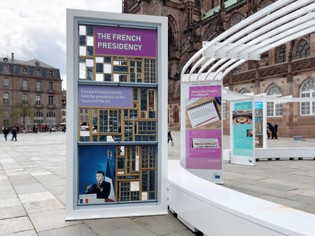 The French Presidency of the council of the European Union EU banner sigange in the city center of...