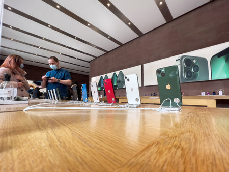 Apple SE 3 smartphone, iPad Air 5 tablet, Mac Studio M1 Ultra, and new Studio Display during the...