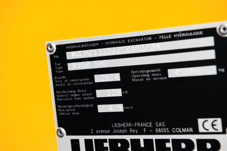 Close-up of the plate of a new Crawler excavator Liebherr R950 SHD Litronic
