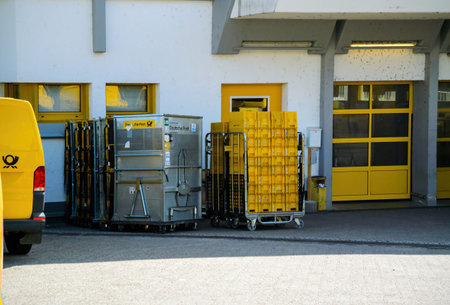 Deutsche post yellow and aluminum delivery boxes sorting equipment