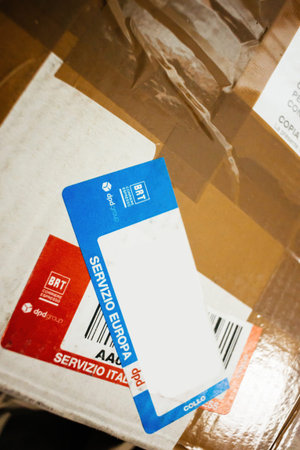 Close-up macro of the sticker on parcel from BRT S.p.A. formerly Bartolini S.p.A.