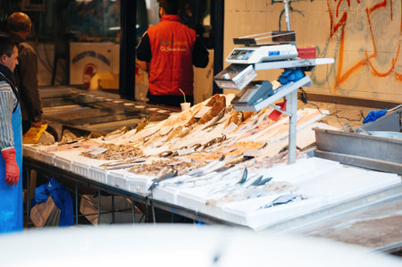 Market stall with salt and ice central fish market in central Thessalonikiのeditorial素材