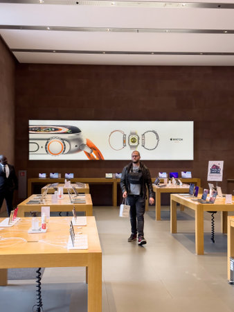 Interior of Apple Store with advertising to new Apple Watch Ultrのeditorial素材