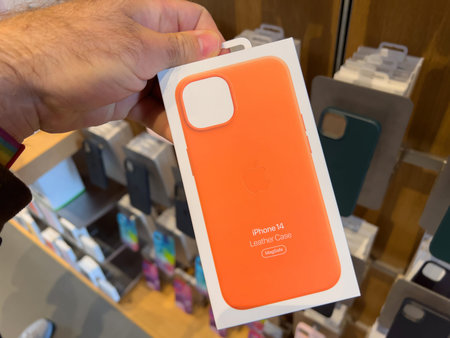 POV male hand holding package in Apple Store shopping with new o