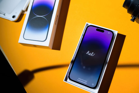 Unboxing of new Apple Computers iPhone 14 Pro with Hello Englishのeditorial素材