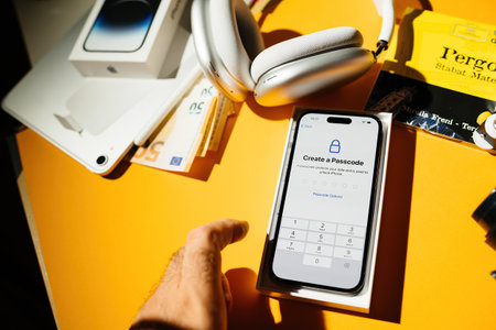 iPhone 14 Pro smartphone telephone with Create a passcode menu dのeditorial素材