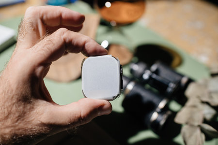 Hand unpacking new titanium Apple Watch Ultra designed for extreme activities like endurance sports, elite athletes, trailblazing, adventureのeditorial素材