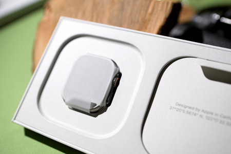 Packed new titanium Apple Watch Ultra designed for extreme activities like endurance sports, elite athletes, trailblazing, adventureのeditorial素材