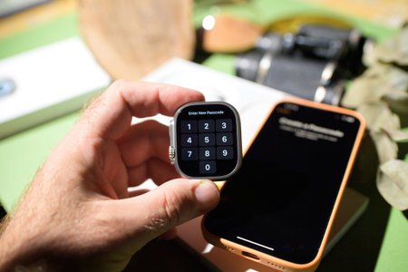 Setting password on new titanium Apple Watch Ultra designed for extreme activities like endurance...