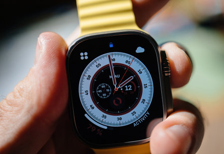Day mode of the watch new titanium Apple Watch Ultra designed for extreme activities like endurance sports, elite athletes, trailblazing, adventureのeditorial素材