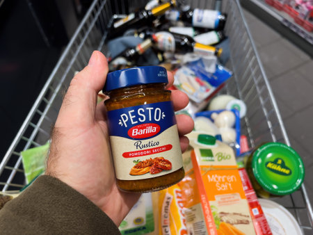 POV male hand with a full shopping cart of groceries at a convenience storeのeditorial素材