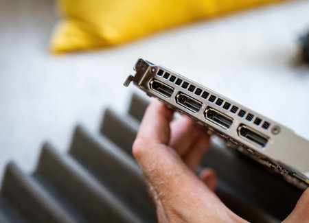 POV male hand looking and DP Display Ports on RTX a4000 on Nvidia RTX A4000のeditorial素材