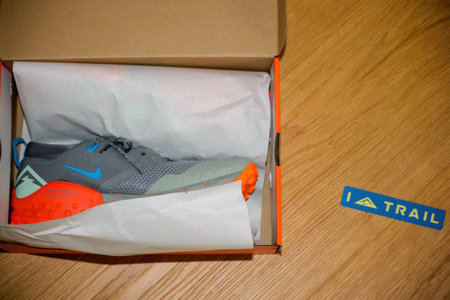 I love trail sticker next to package with pair of new Nike Wildhのeditorial素材