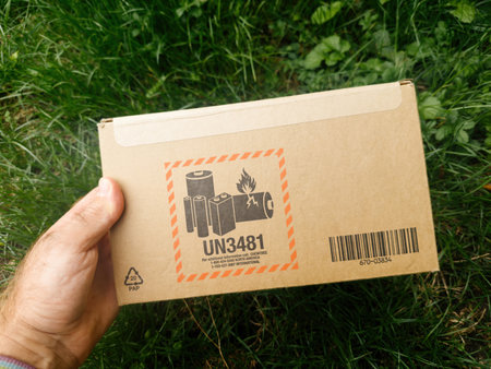 Rear view of Apple e-shop Store delivery parcel sent by Syncreon Technology with Apple Watch Ultra and UN3481 sticker - garden backgroundのeditorial素材