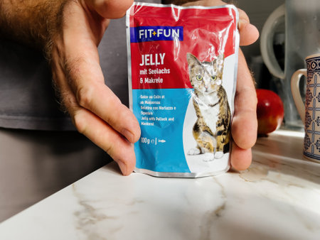 hand holding pouch with Fit plus Fun wet cat foodのeditorial素材