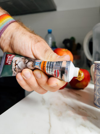 POV male hand holding squeeze pouch with Dein Bestes wet cat food additive with meat taste salmon and fish tastのeditorial素材