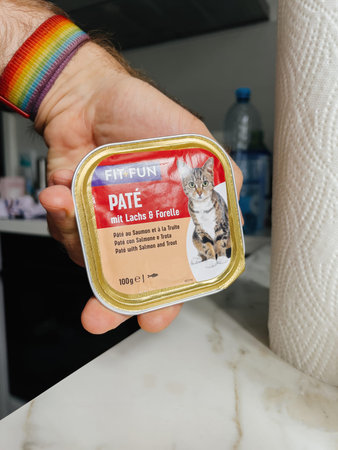 POV male hand holding pack with Fit and Fun wet pate cat food Jelly with chiken meat and aloe vera -...