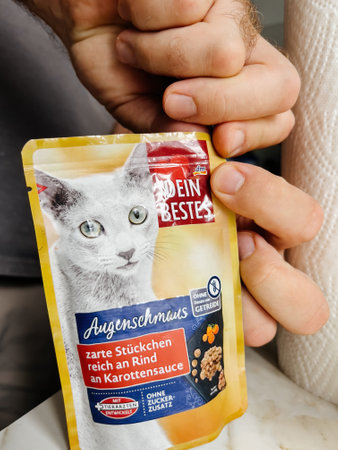 POV male hand holding pack with Deine Bestes DM wet cat food Jelly with chiken meat and aloe vera - modern kitchen background preparing to feed the pet cat animalのeditorial素材