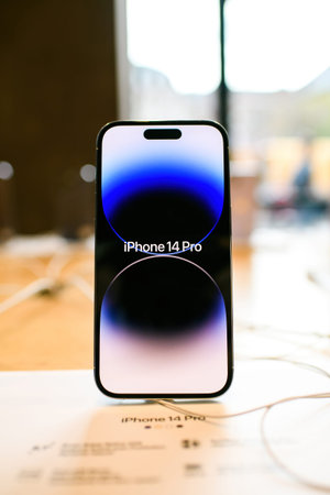 Front view of new Apple Computers iPhone 14 pro - defocused blur background