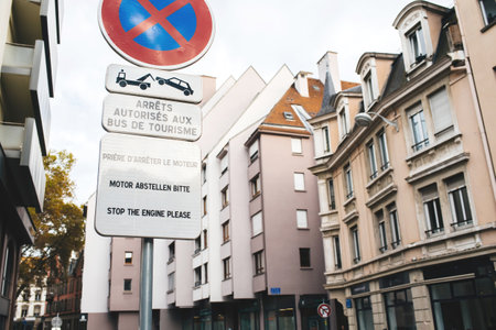 Street transportation sign in French city with special dedicated area for bus drivers onlyの写真素材