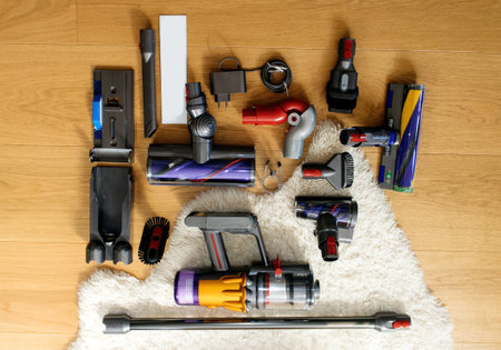 Knolling style above modern wireless Vacuum Cleaner powerful corの写真素材