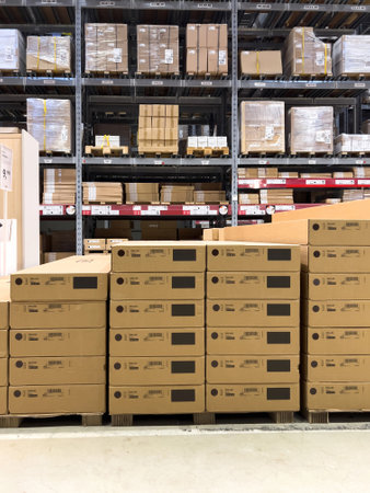 Front view - Vertical image of Ikea Kallax cardboard boxes with large warehouse in backgroundのeditorial素材