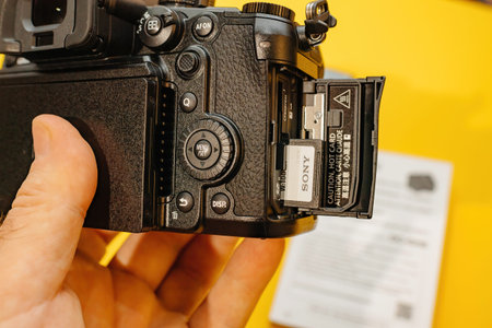 Sony SD media card inside the new Panasonic Lumix DMC-GH6 Micro Four Thirds System digital still video camera with 5k 10 bit Video recording internal capabilityのeditorial素材