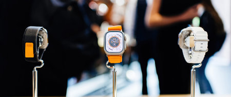 Hero object of three new Apple Watch Ultra wearable device manufactured by Apple Computer -...