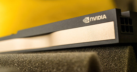 Close-up of new NVIDIA logotype insignia on the new RTX A Quadro video GPU