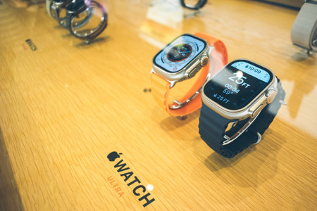 Diving app in operation - Macro shot of new Apple Watch Ultra with professional new features with fitness tracking, health-oriented capabilities, and wireless telecommunicationのeditorial素材