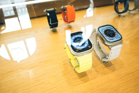Macro shot of new Apple Watch Ultra with professional new features with fitness tracking, health-oriented capabilities, and wireless telecommunicationのeditorial素材