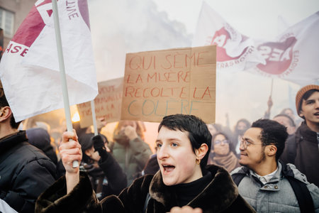 Large crowd at protest retirement age in Franceのeditorial素材