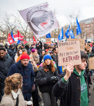 Large crowd at protest retirement age in Franceのeditorial素材