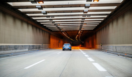 rear view of blue Fiat car enterngin Austrian tunnel - yellow lights and immense perspective viewのeditorial素材