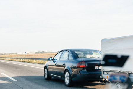 Side view of driving fast Audi with trailer on Hungarian highwayのeditorial素材