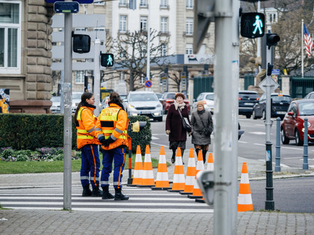 Closed street by poolice at second demonstration against the new pension reform to be presented next month by French Prime Minister Elisabeth Borneのeditorial素材