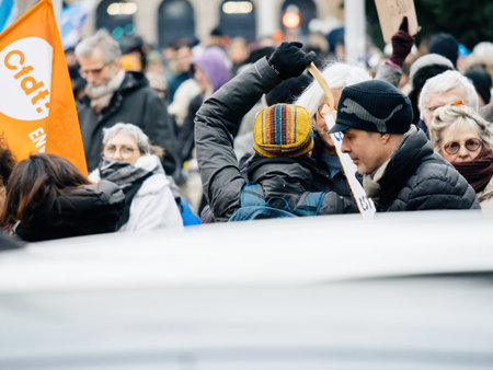 Crowd marching at second demonstration against the new pension reform to be presented next month by French Prime Minister Elisabeth Borneのeditorial素材