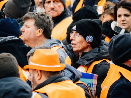 Elevated view of people at second demonstration against the new pension reform to be presented next month by French Prime Minister Elisabeth Borneのeditorial素材
