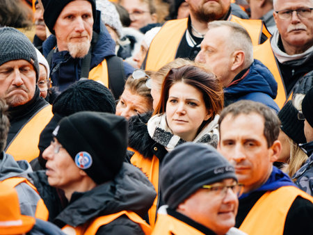 One French woman between mens at second demonstration against the new pension reform to be presented...