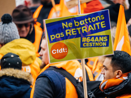 Banner por politicians at second demonstration against the new pension reform to be presented next month by French Prime Minister Elisabeth Borneのeditorial素材