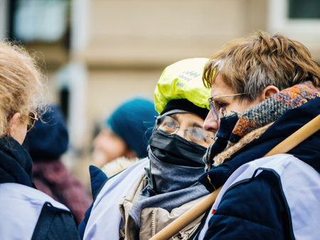 Women talking at second demonstration against the new pension reform to be presented next month by French Prime Minister Elisabeth Borneのeditorial素材