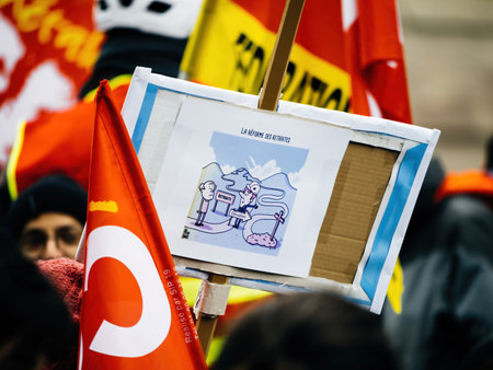 Placard at second demonstration against the new pension reform to be presented next month by French Prime Minister Elisabeth Borneのeditorial素材