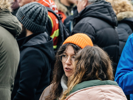Two women talking at second demonstration against the new pension reform to be presented next month by French Prime Minister Elisabeth Borneのeditorial素材