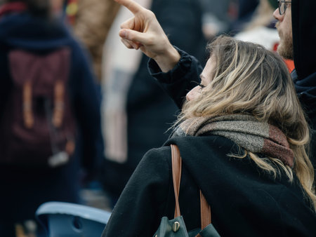 Man and woman at second demonstration against the new pension reform to be presented next month by French Prime Minister Elisabeth Borneのeditorial素材