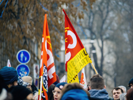 Red Yellow CGT flags at second demonstration against the new pension reform to be presented next month by French Prime Minister Elisabeth Borneのeditorial素材